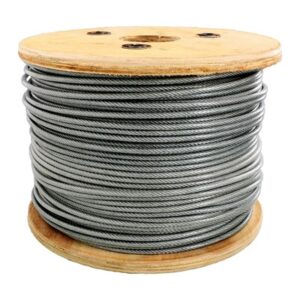 Galvanized steel aircraft cable in 7x19 - 3/16" sizing, wrapped in a large spool.